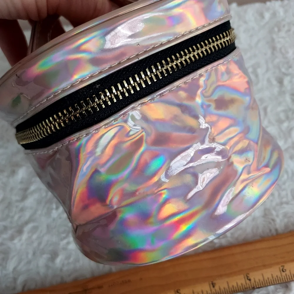 Small Round Retro Iridescent Pink makeup carrying case bag Travel Vacation